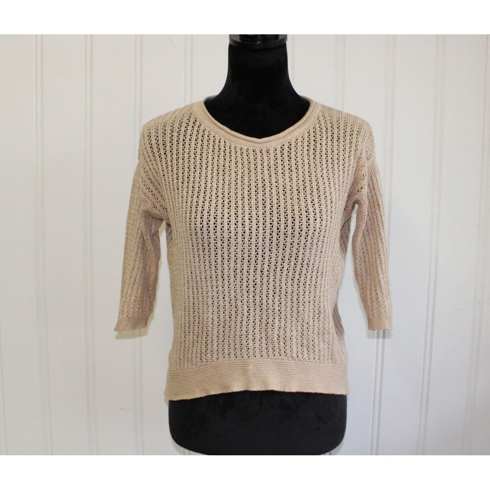 Stile Benetton Womens Open Knit Mesh Hi-Low‎ Sweater Size Medium Tan 3/4 Sleeves